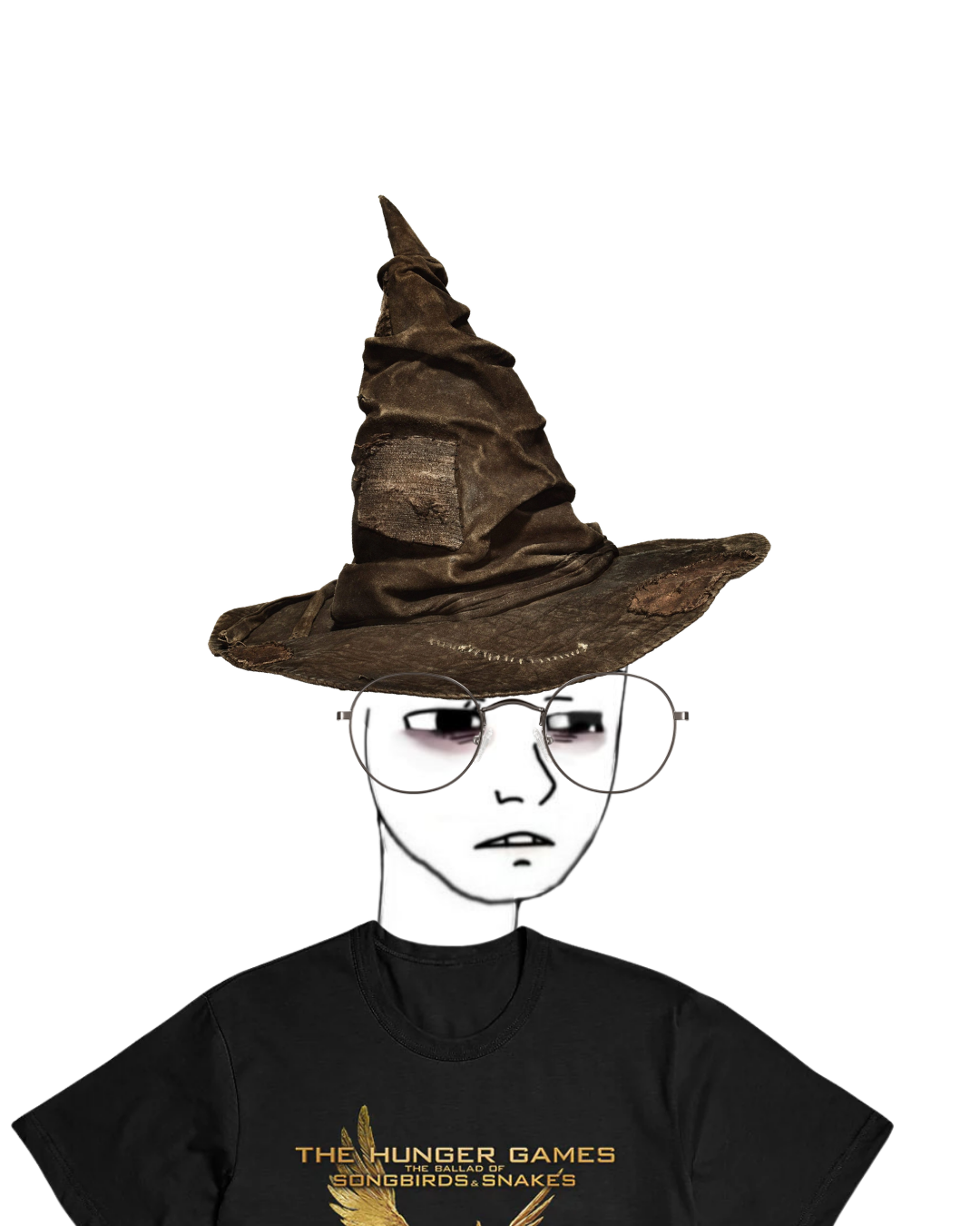 Avatar wojack con gafas, gorro de mago y camiseta de Juegos del Hambre.